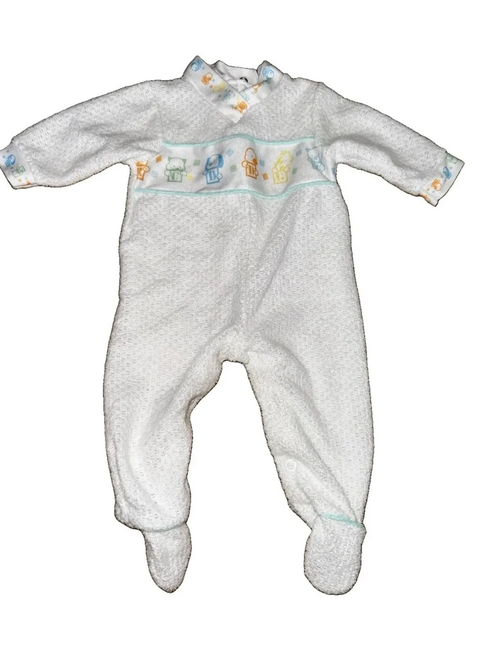 VTG Carter's White Plush Footed One-Piece with Pastel Animal Trim